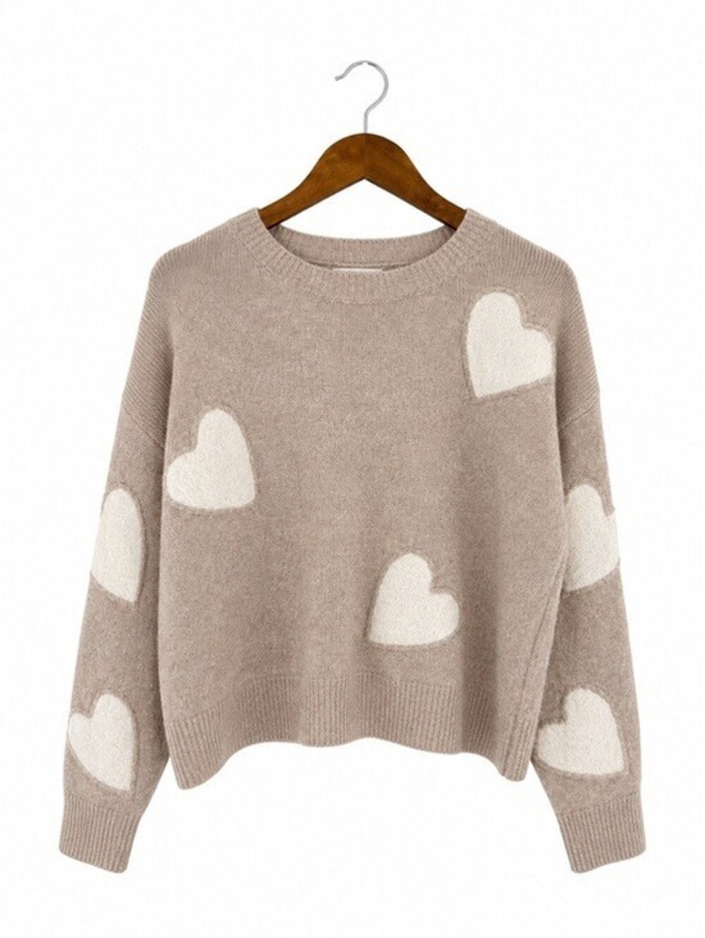 Threaded Leaf Heart Print Crewneck Sweater Women's Large Taupe Pullover